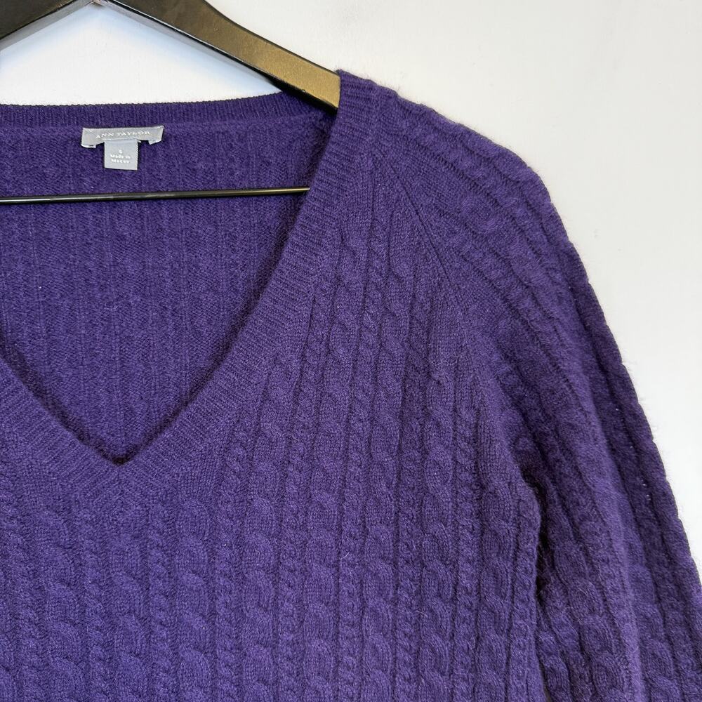 Ann Taylor 100% Cashmere VNeck Cable Knit Sweater Purple - S - Picture 2 of 8